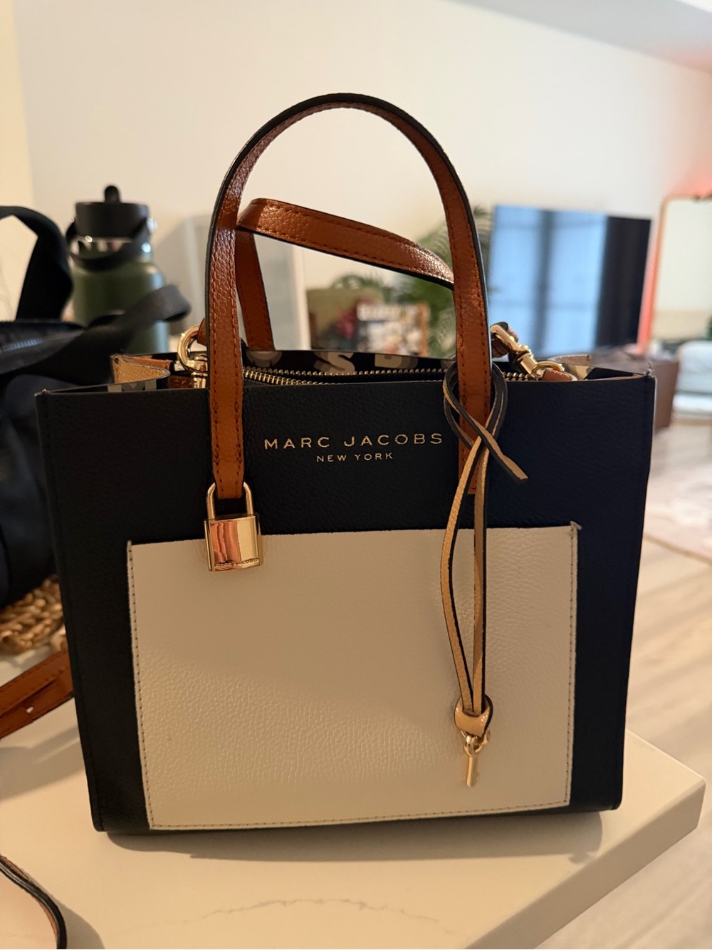 Marc Jacobs Black, White & Tan Leather Satchel with Gold Hardware